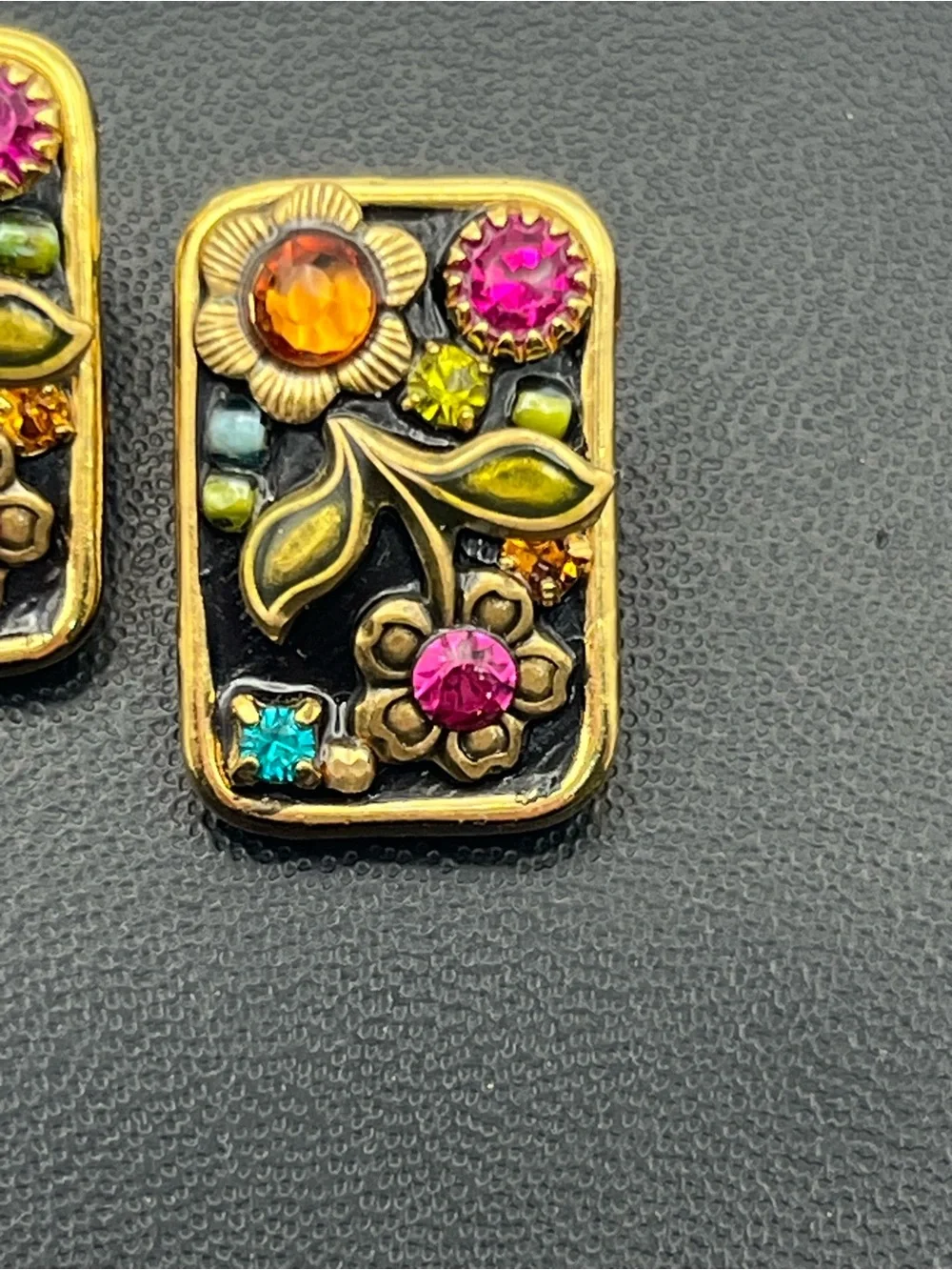 Michal Golan Midnight Garden enamel rhinestone rectangle clip on earrings flower